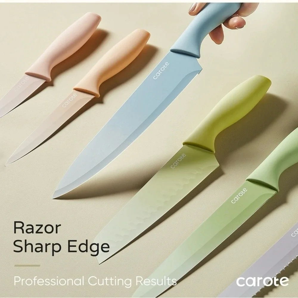 Carote 12 Piece Knife Set Pastel Colors Stainless Steel Ceramic Nonstick Kitchen